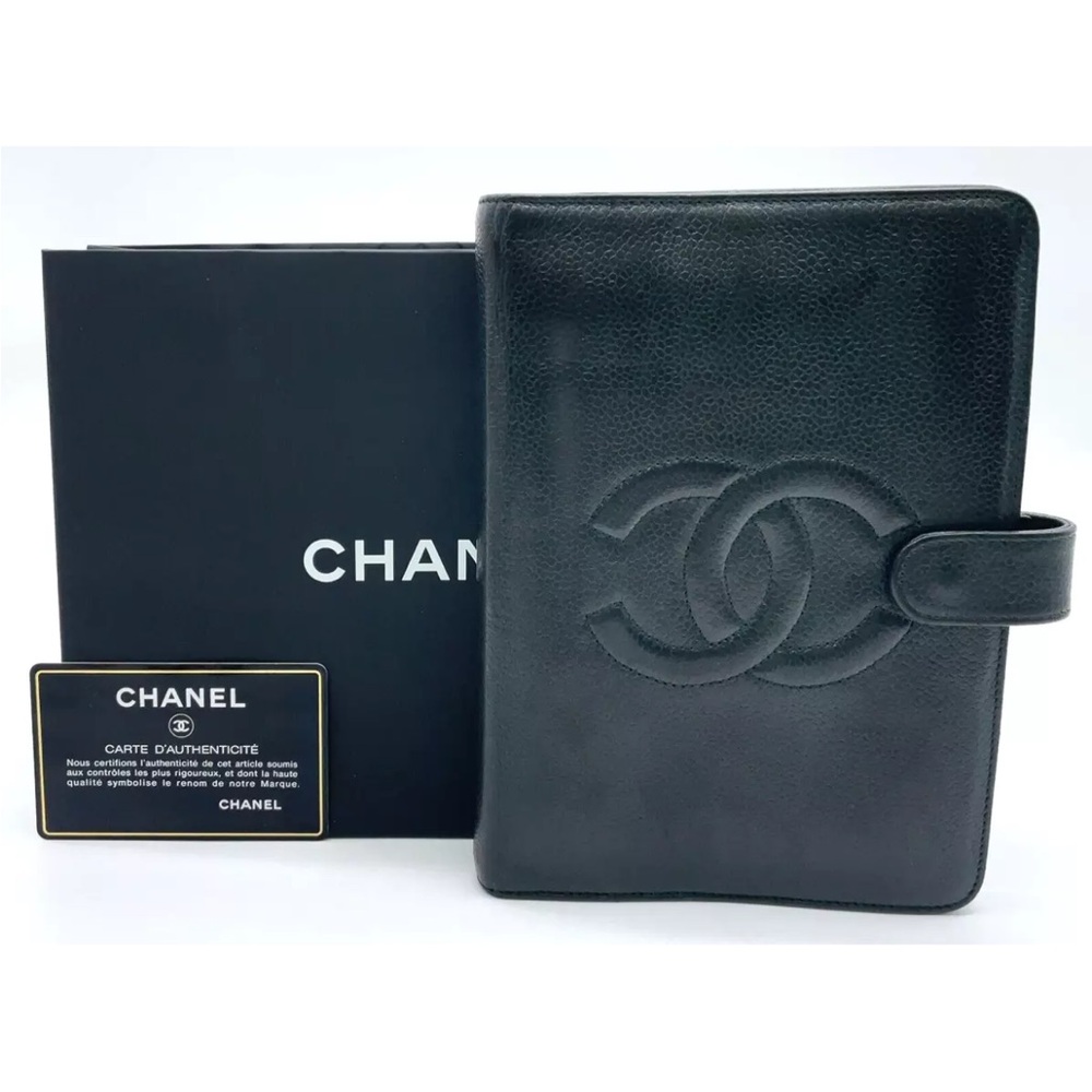 CHANEL Black Leather Black Deca Coco Agenda MM + Box + Gift Bag